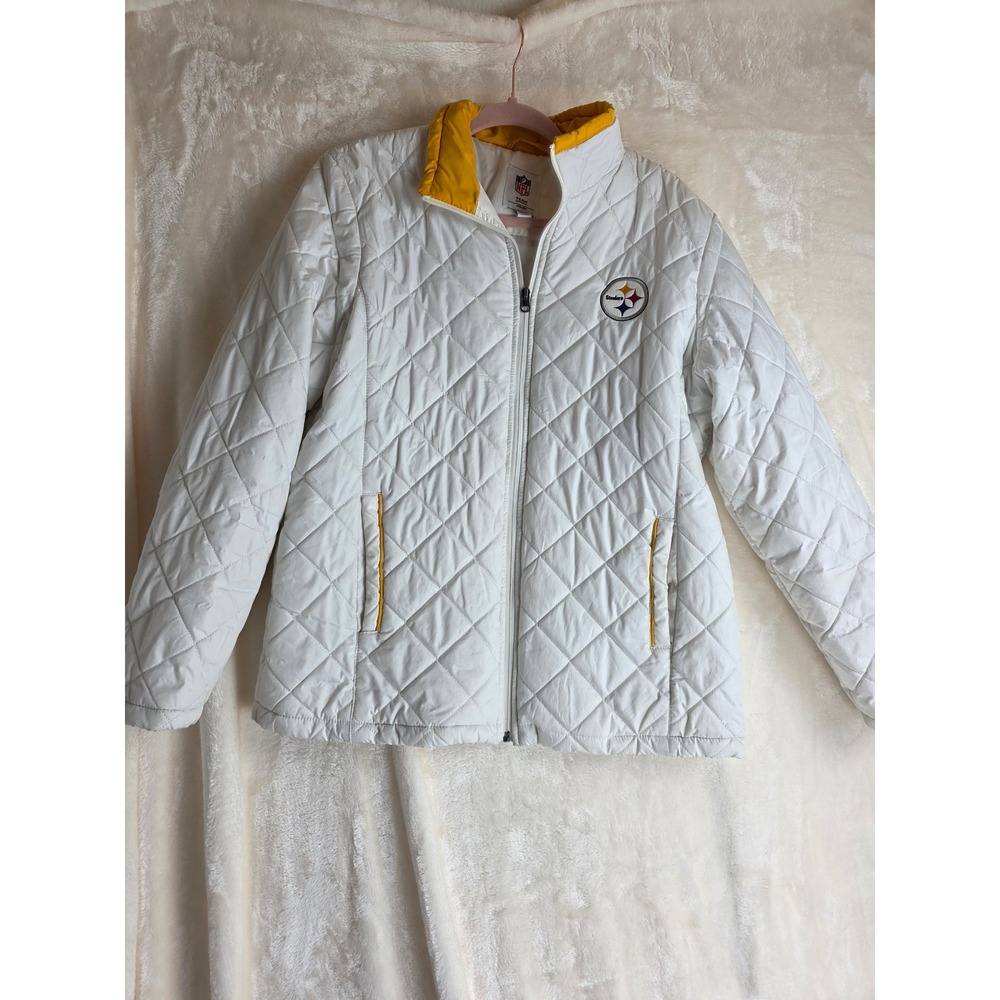 NFL Pittsburgh Steelers Women Quilted Jacket White Yellow Logo‎ Full Zip Size L